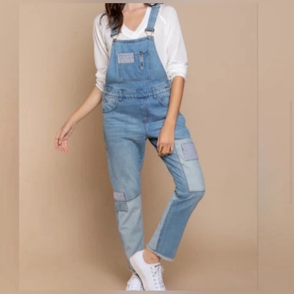 POL Slim Leg Denim Overalls With Patchwork Raw Hem 100% Cotton Size MEDI… - Picture 10 of 14